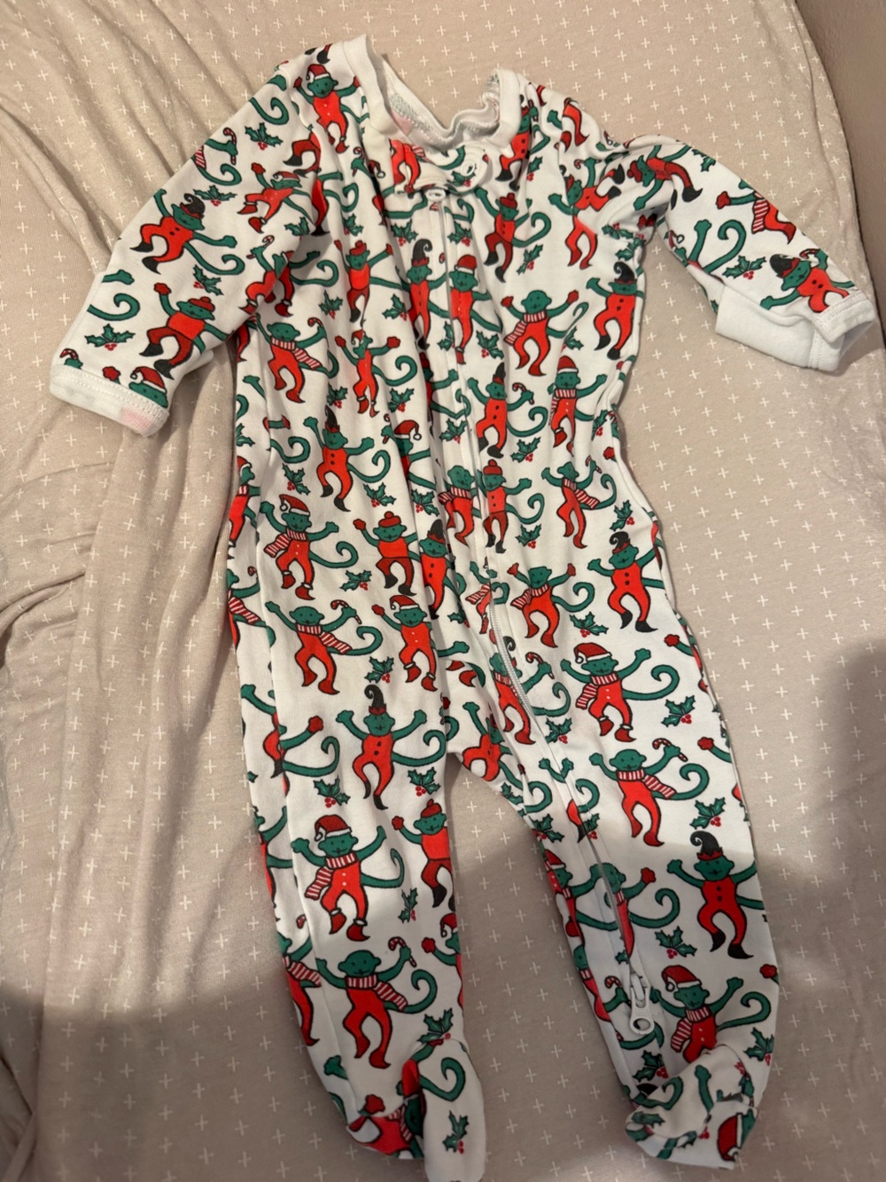 Roller Rabbit White Baby Footed Pajamas with Red and Green Elf Print